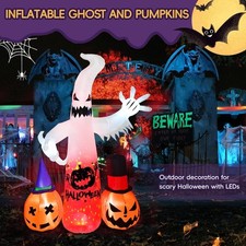 8FT Halloween Inflatables Ghost with 2 Pumpkin Outdoor Halloween Decor Blow Up