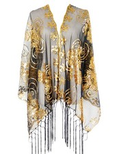 Womens Glittering 1920s Scarf Mesh Sequin Wedding Cape Fringed Evening Shawl ...