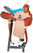 Turquoise Seat Western Horse Saddle with Floral Tooling  Natural Leather Finish