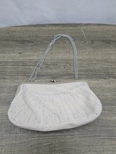 Vintage White Silver Beaded Evening Bag With Chain Strap, Made In Hong Kong
