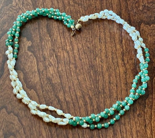 925 Jade Freshwater Pearl Braided necklace 18”