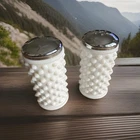 Vintage Fenton Milkglass Hobnail Salt and Pepper Shakers Metal Lids MCM