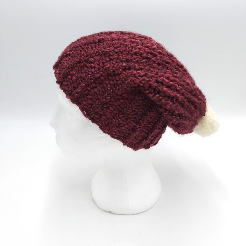 Chunky Beanie Slouch Hat Toque Cream Pompom S-M Dark Burgundy Handmade Loom Knit - Bild 11 von 20