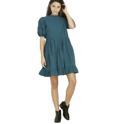 Universal Thread Puff Short Sleeve Eyelet Mini Dress Pockets Teal Boho Large New