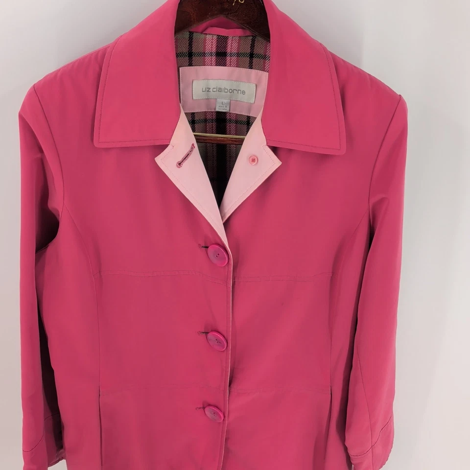 Abrigo Largo Clásico LIZ Claiborne Manga Larga Botón Cuello Frontal Rosa Talla L Foto 3 de 4