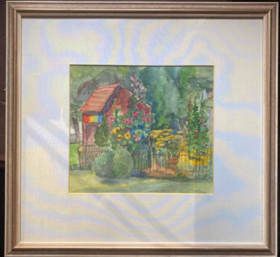 ::WATERCOLOUR VIEW OF WOODLAND COTTAGE WITH FLOWERING FRONT YARD AND FENCE