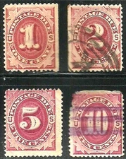 US Scott # J22, J23, J25, J26, Postage Due 1891, Claret, BOB, 10 cent damaged