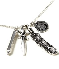 FEATHER Coin DAGGER Wand Pendant NECKLACE Medieval Theme Aged SILVER Tone Chain