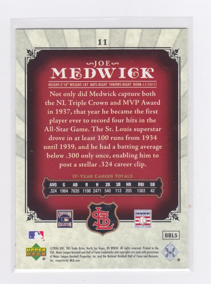 2006 Upper Deck SP Legendary Cuts - Joe Medwick #11 - NM - Image 2 of 2