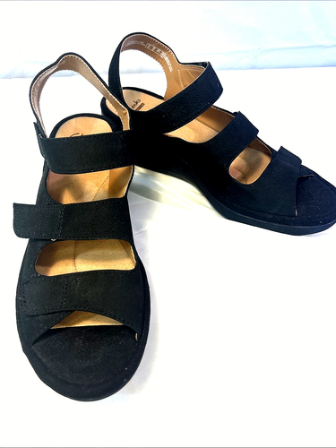 Clarks Sandals Woman Sz 10 M Black Cushion Reedly Juno Wedge Fisherman Comfy