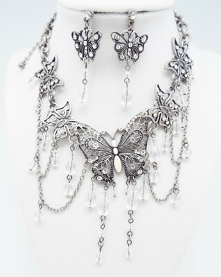 DESIGNER INSPIRED 17 in WHITE MULTI CLEAR CRYSTAL ENAMEL BUTTERFLY JEWELRY SET