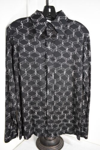 70s 80s VTG ~ M ~ Men's Black CHAIN LINK FENCE Polyester Print Shirt ~ Disco - Afbeelding 1 van 3