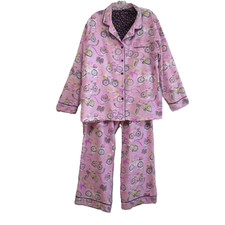 Nick and Nora Pajama Set XXL Cotton Flannel Bicycle with Ribbons Bows Pink