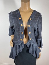 Crosstree Lane Jacket L Button Details Peplum Blueish Gray Linen Open Front M/l