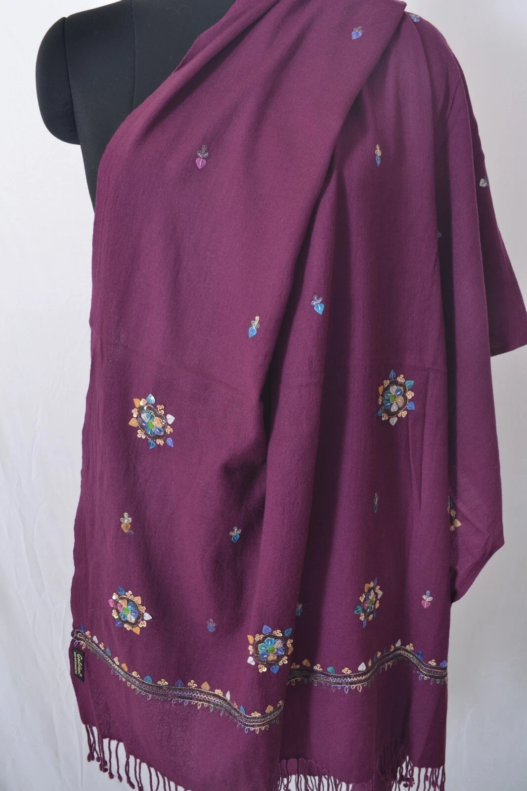 Purple Handmade Scarf Sequins Gems Rhinestones Embroidery 100% Cashmere Pashmina