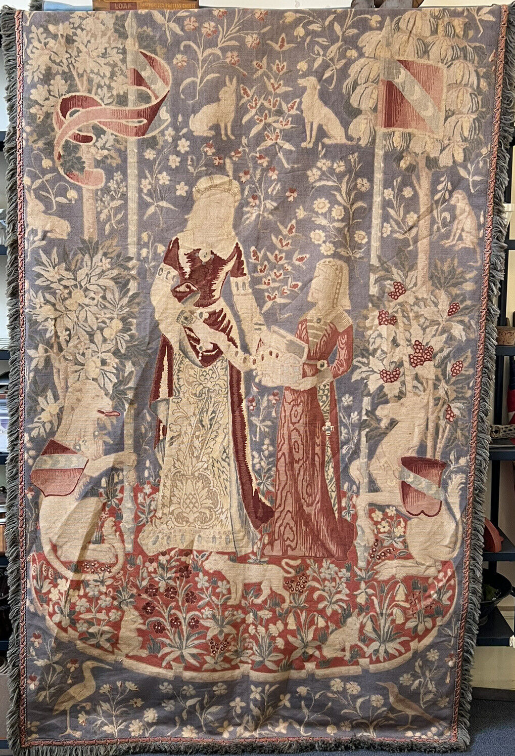 Antique French Woven Aubusson Wall Hanging Tapestry Animals & Unicorn 52” by 92”