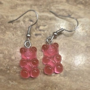 Handcrafted Pink Gummy Bear Dangle Earrings, Silver Hook, Plastic, No Stone