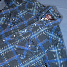 Wrangler Western Mens Shirt Medium Black Blue Pearl Snap Solid Cowboy Rodeo
