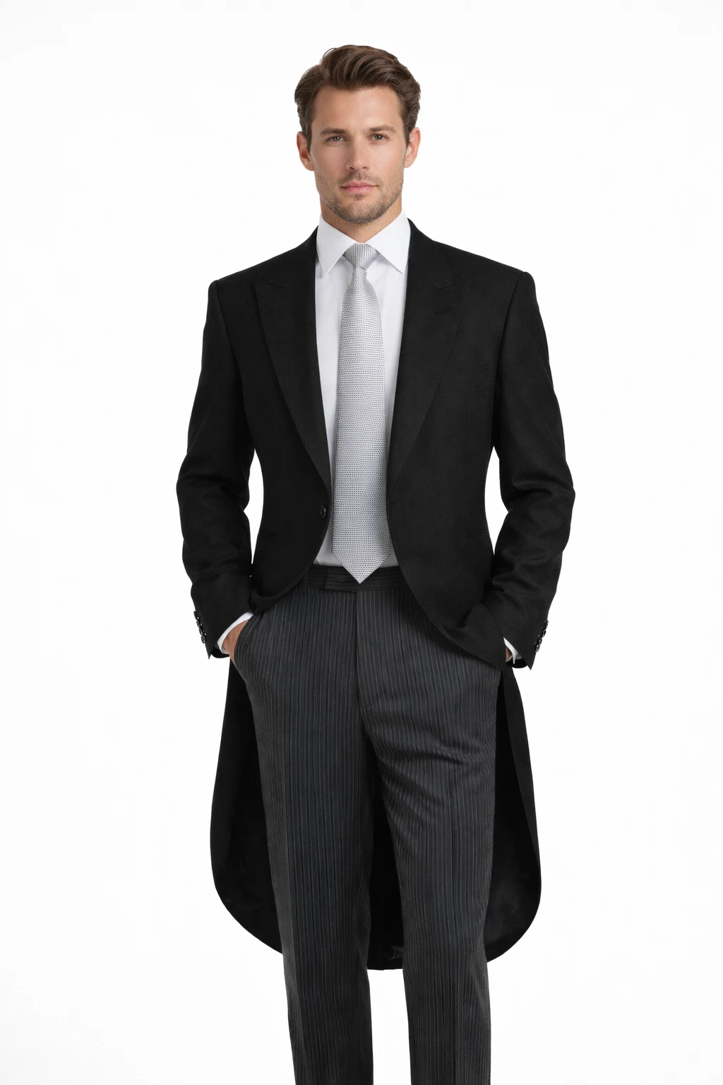Black 2 Piece Tailcoat Suit Herringbone Jacket Pinstripe Trousers Royal Ascot