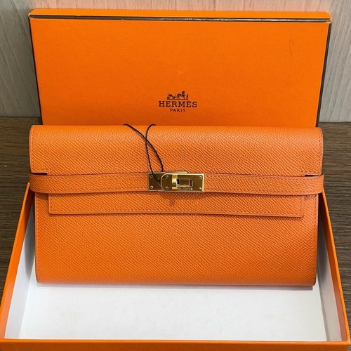 Authentic Hermes Kelly Epsom Calfskin Wallet Orange Gold Hardware