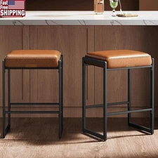 Bar Stools Set of 2 Comfortable Synthetic Leather Adjustable Feet Easy Assembly