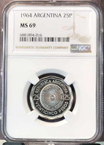 1964 ARGENTINA 25 PESOS FIRST NATIONAL COINAGE ANNIVERSARY NGC MS 69 TOP POP 1