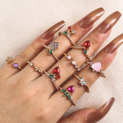 10PC Set Retro Finger Open Ring Bohemia Red Crystal Cherry Grape Fruit 2082