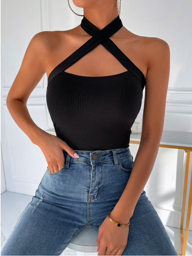Black Criss Cross Tie Back Halter Top Crop Top Sz XS S M L | eBay