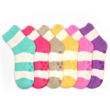 6 Pair Super Soft Winter Non Skid Cozy Fuzzy Stripe Slipper Plush Socks 9-11 Lot