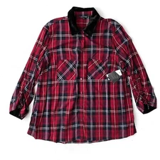 John Mark Nwt Plaid Velvet Collar 3/4 Cinched Tie Sleeve Button Front Tunic 3X