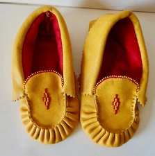Youth size 2 Moosehide Moccasins w/beadwork on vamp; by Jack Ginnish Mi'kmaq