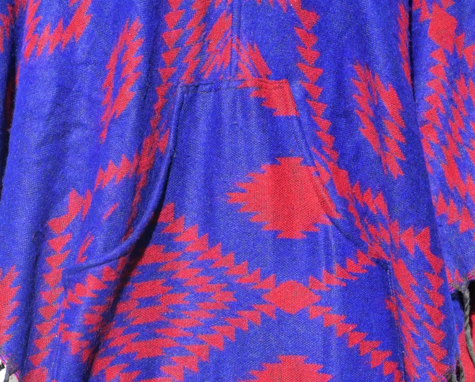 Poncho|2 Botones|Fringos|Capucha+Bolsillo|Boho|Tribal |Mezcla de Lana Yak|Talla 1|Azul Foto 4 de 4