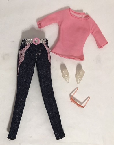 Mattel Barbie Doll Outfit Pink Top Lace Jeans Sunglasses & Shoes 90's Fashion