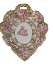 Vintage Nippon Pink Rose Leaf  Trinket Shape Dish Pink & Gold