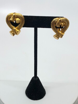 Vintage Escada Heart clip on Earrings Stylized Gold Tone signed Designer