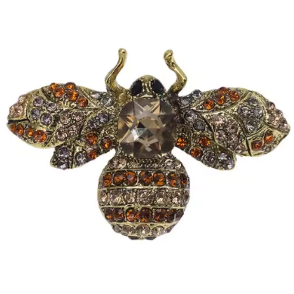 Retro Brown Crystal Bee Gold Brooch Pin - Rhinestone Insect Jewelry Summer Gift - Image 2 of 4