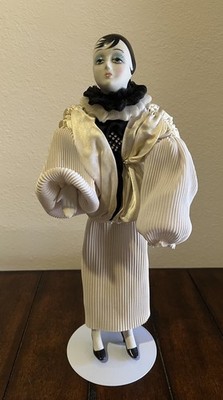 Vtg Porcelain Harlequin/Pierrot Doll Hand Painted Face Pleated Costume