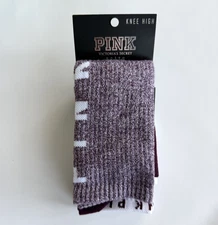 2 PAIRS VICTORIA'S SECRET PINK LOGO CREW BURGUNDY KNEE HIGH SOCKS NEW