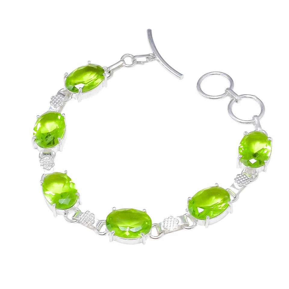 Handmade Green Peridot Gemstone 925 Sterling Silver Jewelry Chain Bracelet - Image 2 of 4