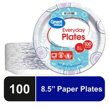 Great Value Disposable Paper Plates, 8.5", 100 Count