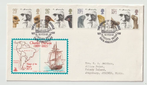 10/2/1982 GB FDC - Charles Darwin - HMS Beagle & Map - Plymouth Special P/M