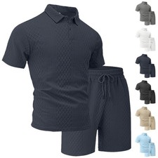 Men's Textured Jacquard Polo Shirt  Drawstring Shorts 2 Piece Casual Track Suit