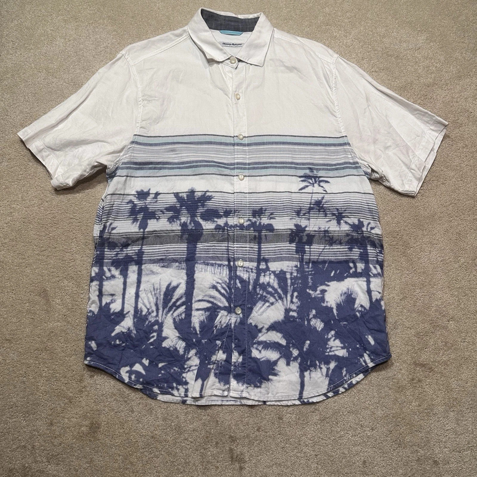 Tommy Bahama Button Up Linen Shirt Mens Large White Blue