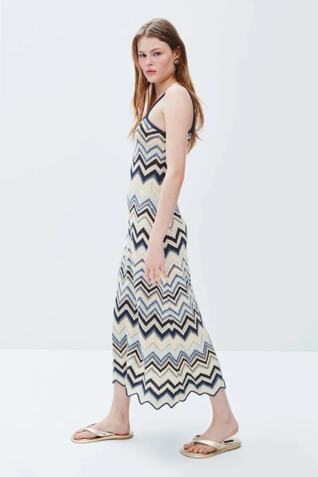 MAJE Crochet Knit Maxi Dress Zigzag V Stretchy Weaved, Size 38, Retail $469 - Image 4 of 4