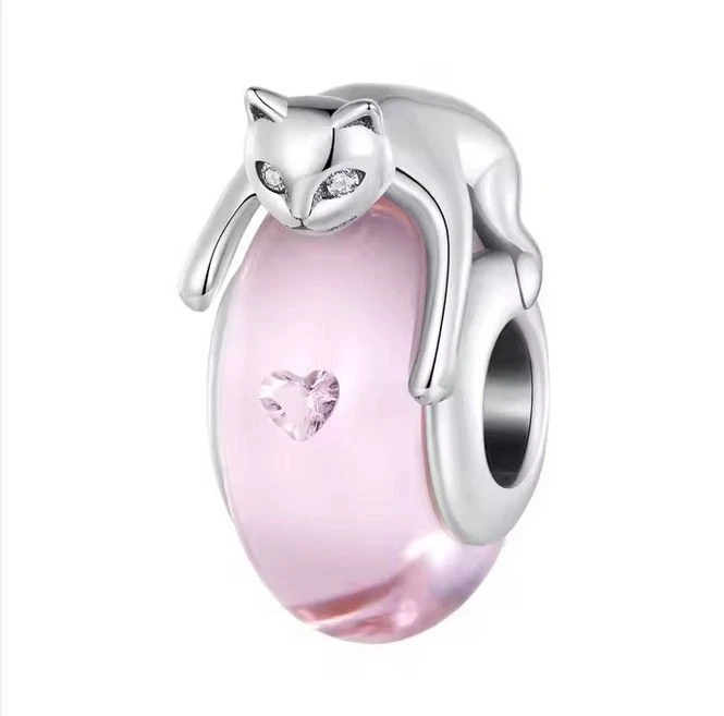 Charm Perle Rosa 925 Silber Murano Glas Katze - Anhänger für Pandora Armband - Bild 3 von 3