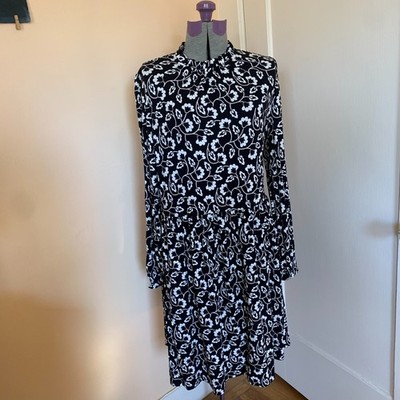 Boden Clara Knit Dress 12R Black Leaf Print Floral Long Sleeve Stretch High Neck