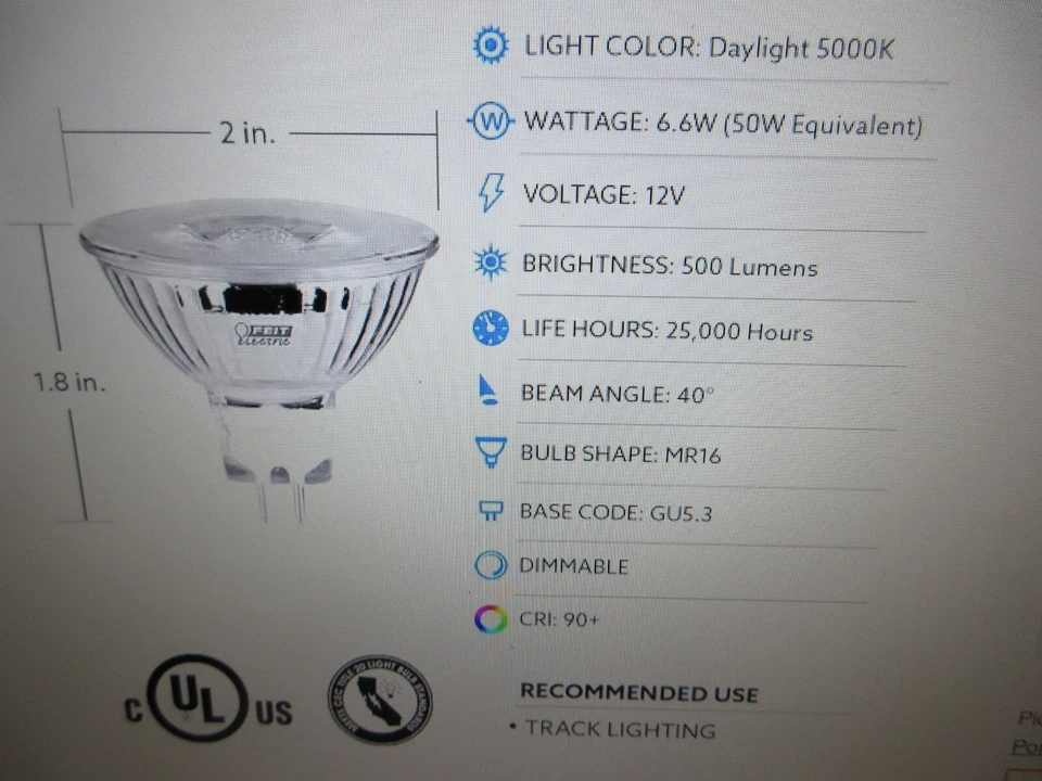 Feit Electric 50W Equivalent MR16 GU5.3 Bi-Pin Dimmable 12V Track Lighting 18PK - Image 3 of 4
