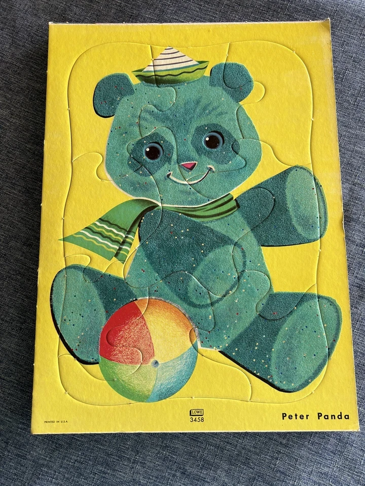 4 rompecabezas vintage de cartón flocado para niños perro, panda, tigre y carrusel Foto 4 de 4