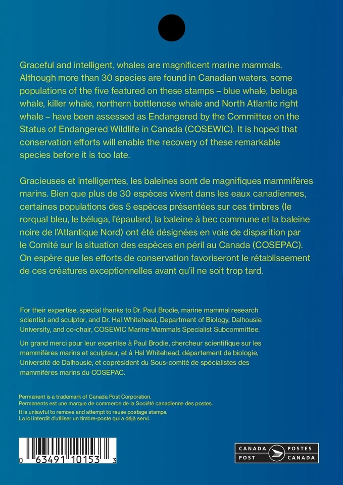 WHALES = ORCA, KILLER, BELUGA, BLUE, RIGHT WHALE = BKL BACK PAGE Canada 2022 MNH - Image 2 of 2