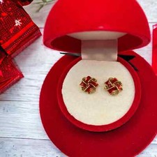 Gold-tone and red Christmas bow 1/2 Inch earrings